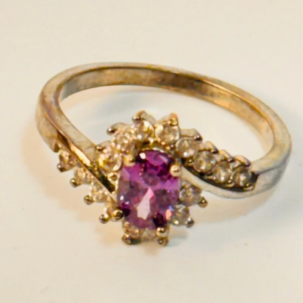 Ring Purple Oval Stone Silver Tone Bypass Halo Statement Boho Whimsygoth Size 7